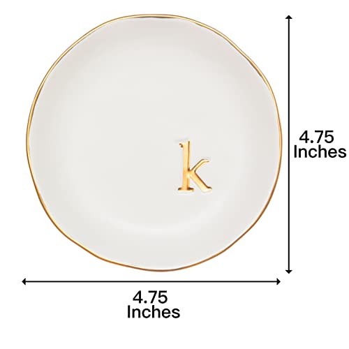 COLLECTIVE HOME Ceramic Jewelry Tray, Trinket Dish, Gifts for Women (K) | Mother's Day, Birthday, Christmas, Engagement Gifts, Vanity, Nightstand Decor, Embossed Gold Monogram Ring Dish with Gift Box
