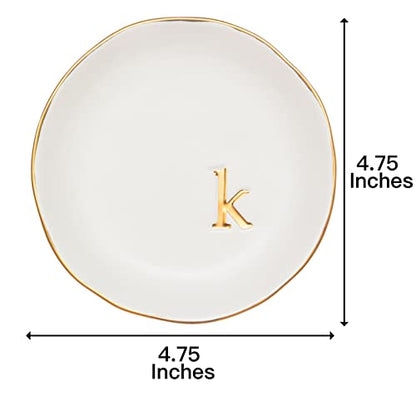 COLLECTIVE HOME Ceramic Jewelry Tray, Trinket Dish, Gifts for Women (K) | Mother's Day, Birthday, Christmas, Engagement Gifts, Vanity, Nightstand Decor, Embossed Gold Monogram Ring Dish with Gift Box