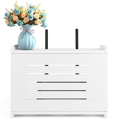 Router Shelf Wall Mount WiFi Router Storage Box Modem Cable Cover Organized Power Strip Cable Management Hider Rack By Solid Wood White