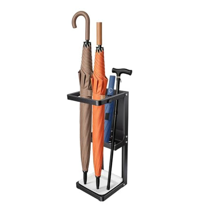 Umbrella Stand for Entryway, Sturdy Metal Umbrella Holder Indoor with Removable Drip Tray, Small Umbrella Rack for Long and Compact Umbrellas, Black Umbrella Storage Stand for Home Office