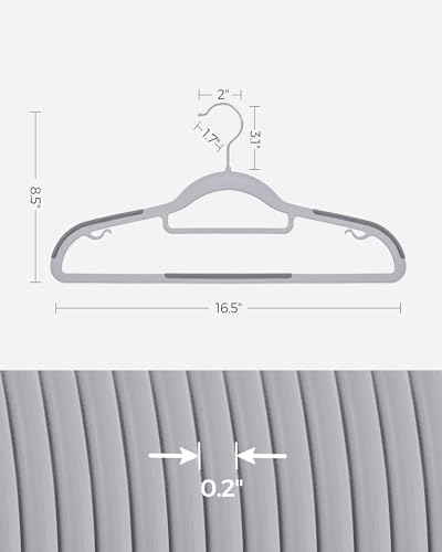 SONGMICS Pack of 50 Coat Hangers, Space-Saving Plastic Clothes Hangers, Non-Slip, 0.2 Inches Slim, 16.5 Inches Wide, 360° Swivel Silver Hook, Light Gray and Dark Gray UCRP20G50