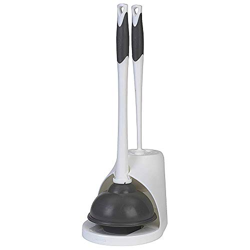 Toilet Plunger and Brush Bowl Set with Holder Cadd... (White/Gray | Plastic)