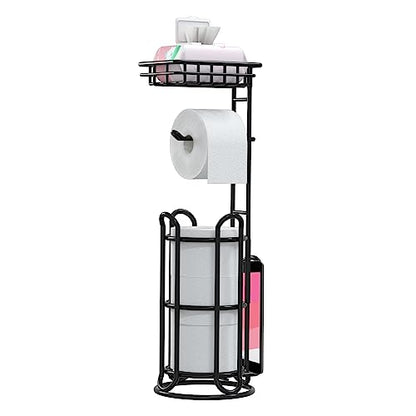 [Upgrade] Toilet Paper Holder Stand with Shelf Tissue Holders for Bathroom Free Standing Bath Tissue Roll Holder Magazine Rack for Mega Rolls/Phone/Wipe-Black