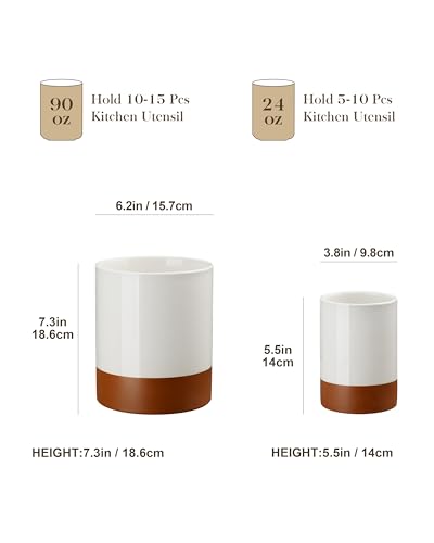 MALACASA Utensil Holder, 7.3"+5.5" Ceramic Kitchen Utensil Holder for Countertop, Large Cooking Utensil Crocks for Kitchen Counter, Farmhouse Utensils Organizer, Set of 2, Khaki White, Series TARA
