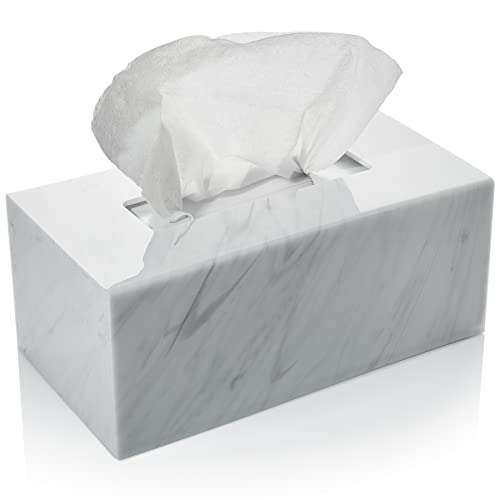 Acrylic Tissue Box Holder, Clear Dispenser for Facial Tissues, Napkins, and Dryer Sheets. Perfect for Bathrooms, Desks, Countertops, Vanities, Bedrooms, and Nightstands (Rectangle, Marble)