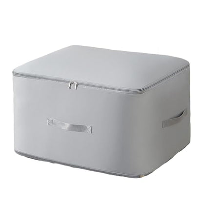Compression Storage Cube for Comforters (1-Pack, Light Grey, 11x6.3x1.2in) | nylon,grey,thin compress,1-hand fold,holds 2 comforters,reinforced seam,smooth zip,dust/moisture proof,side handle,wipe-clean