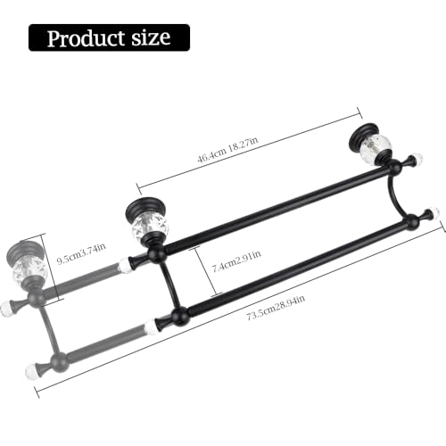 Crystal Black Towel Holder Double Adjustable Towel Bar 13 to 25 Inch, Towel Rack Rail for Bathroom Wall Mounted