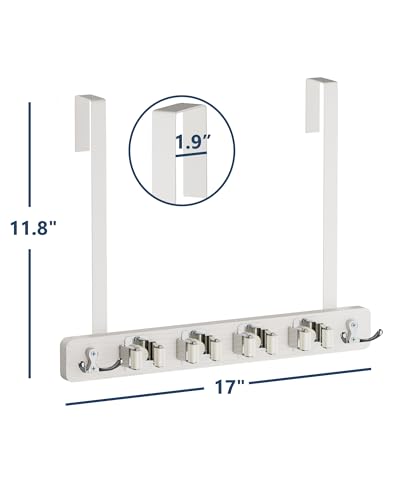 Lorbro Broom Holder Door Mount, Wood Over the Door Broom and Mop Holder | 4 Slots 4 Hooks, No Drill Setup, EVA Protection Pads, Secure Grip, Laundry Garage Closet Kitchen Use, White