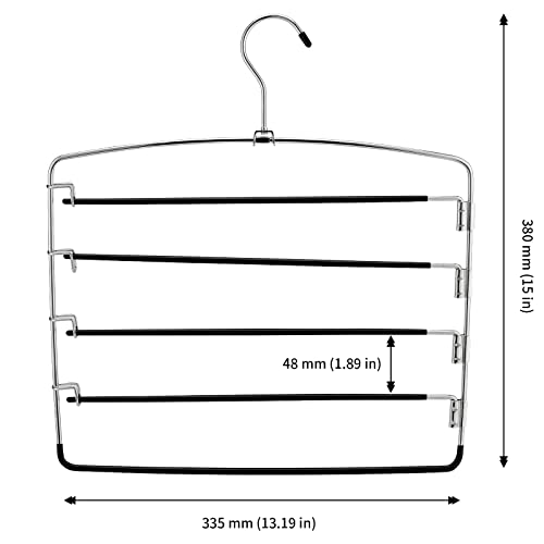 JAPCHET 6 Pack Non Slip Space Saving Pants Hangers - 5 Layers Stainless Steel Swing Arm Clothing Hangers Closet Organizer for Scarfs, Trousers, Ties, Black