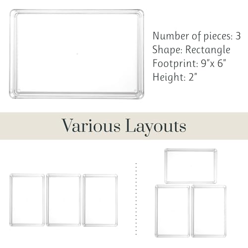 STORi SimpleSort 3-Piece Stackable Clear Drawer Organizer Set | 9" x 6" x 2" Rectangle Trays | Wide Makeup Vanity Storage Bins and Office Desk Drawer Dividers | Made in USA