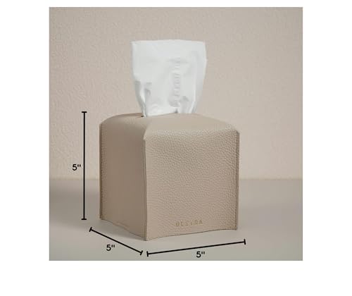 OLETHA Square Tissue Box Cover, Aesthetic Desk Decor, Light Taupe, 2 Pack | Faux leather tissue box holder for room, home, office; fits Kleenex & Puffs cube boxes; velcro base; easy swap; wipes clean