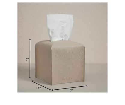 OLETHA Square Tissue Box Cover, Aesthetic Desk Decor, Light Taupe, 2 Pack | Faux leather tissue box holder for room, home, office; fits Kleenex & Puffs cube boxes; velcro base; easy swap; wipes clean