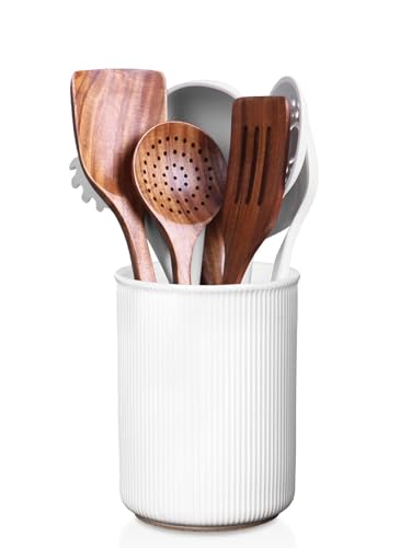 6.7" Utensil Holder, Ceramic Kitchen Utensil Holder with Cork Bottom, Large Utensil Crock for Countertop, Vintage Cooking Tool Organizer Set for Kitchen Counter Decor(White)