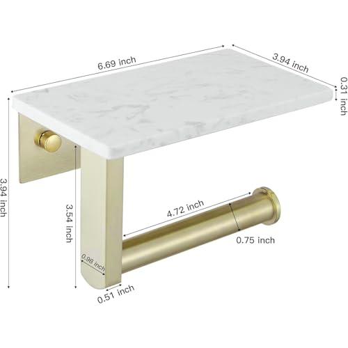 BWE Brushed Gold Toilet Paper Holder with Marble Shelf Wall Mounted | Toilet Paper Roll Holder with Phone Shelf 304 Stainless Steel Tissue Holder for Bathroom Washroom,Saving Space