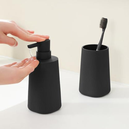 Bathroom Soap Dispenser and Toothbrush Holder Striped Black | Bathroom Accessories Set 2 Piece for Bathroom Countertop Storage and Decor