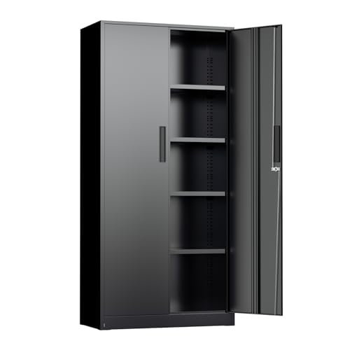 Black Metal Storage Cabinet, 72" Locking Steel Cab... (Black | Metal)