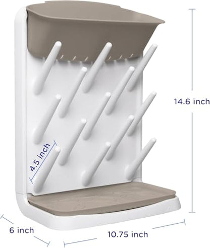 Ubbi Vertical Baby Bottle Drying Rack, Space Saving Countertop Bottle Dryer | 13-Peg Bottle Drying Rack Removable Drain Tray, Baby Organizer for Pump Parts, Pacifier & Accessories, Dishwasher Safe, Taupe