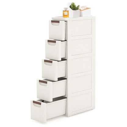 5 Drawers Slim Bathroom Storage Cabinet Dresser, Narrow Plastic Rolling Cart Organizer with Drawers, for Small Spaces, Kitchen, Laundry, Office, Bedroom, White
