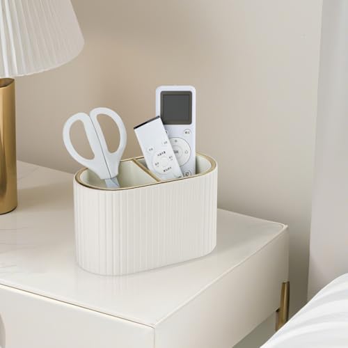 PU Leather Desk Organizer Pen Holder – Dual-Compartment Stylish Pencil Cup Remote Control Holder Desktop Supplies and Accessories Organizer Caddy for Office Home School (Light Beige)