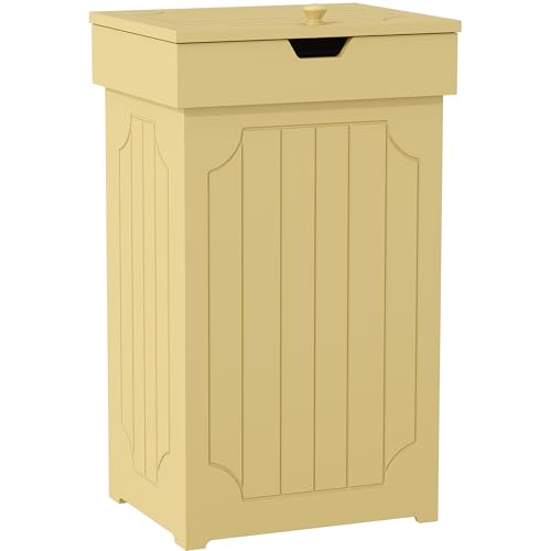 Function Home Trash Can Cabinet, 13 Gallon Kitchen Garbage Can, Wood Recycling Trash Bin, Freestanding Dog Proof Trash Can, Farmhouse Trash Cabinet with Lid for Home Kitchen Bathroom, Yellow