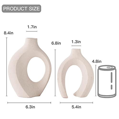 Snuggle Hollow Ceramic Vase Set of 2 Boho Home Table Decor Vase | Modern Nordic Aesthetic Pampas Grass Flower Vases for coffee Centerpiece Living Room Decorative Milky White W6.3" X H8.4"