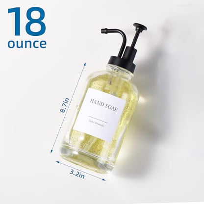Glass Soap Dispenser with Upgrade Pump, Hand and Dish Soap Dispenser for Bathroom Kitchen, Soap Dispenser Set with 9 Stickers Funnel Bamboo Tray 500ml 18oz Clear