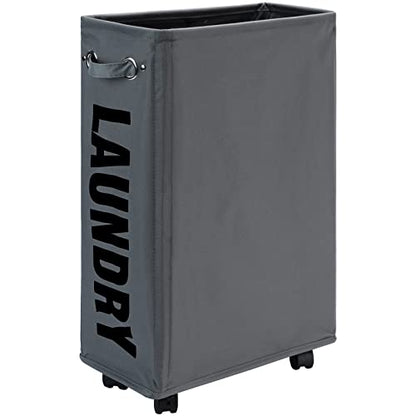 DOKEHOM 25" Slim Rolling Laundry Basket Hamper, Narrow on Wheels, Grey | Collapsible narrow laundry hamper with mesh drawstring closure. Foldable corner clothes storage bin for small spaces