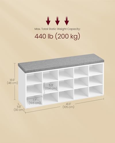 VASAGLE CUSTOS Collection - Shoe Bench, Storage Bench with Padded Seat, Entryway Bench with 15 Compartments, for Bedroom, 11.8 x 41.3 x 18.9 Inches, Cloud White and Dove Gray ULHS15WT