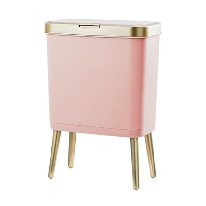 Procade Bathroom Trash Can with Lid,4 Gallon Gold and Pink Garbage Can,Slim | Tall Plastic Trash Bin with Legs and Press Top Lid,Narrow cute Small Waste Basket for Room, Bedroom,Office,Kitchen,RV,Laundry