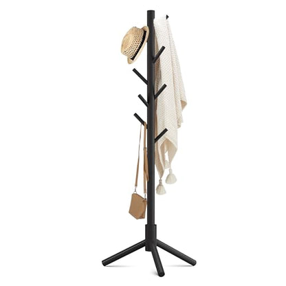 Haddockway Wooden Coat Rack Stand with 8 Hooks New Zealand Pine 3 Adjustable Coat Standing Tree Easy Assembly for Coats, Hats, Scarves and Handbags for Entryway, Hallway, Bedroom, Office