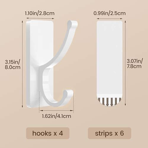 pickpiff Adhesive Wall Hooks with Strip - No Residue, Easy to Remove, Strong Heavy Duty Sticky Towel Hook, 4 Pack White
