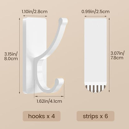 pickpiff Adhesive Wall Hooks with Strip - No Residue, Easy to Remove, Strong Heavy Duty Sticky Towel Hook, 4 Pack White
