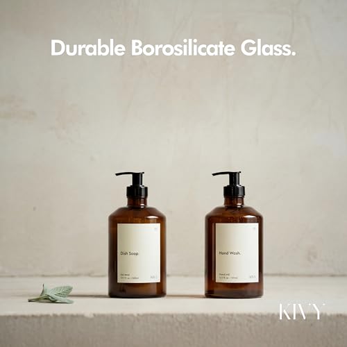KIVY Glass Soap Dispenser Set [INCL. Waterproof Labels] - Brown Glass Soap Dispenser with Pump - Hand Soap and Dish Soap Set - for Kitchen, Shower & Bathroom (2X 16oz)
