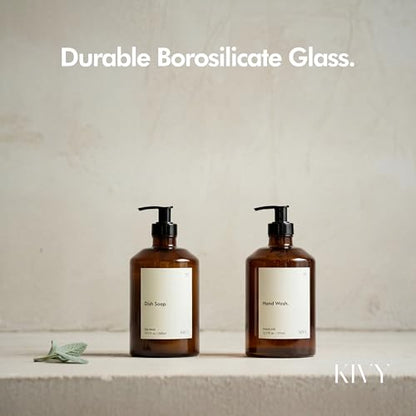 KIVY Glass Soap Dispenser Set [INCL. Waterproof Labels] - Brown Glass Soap Dispenser with Pump - Hand Soap and Dish Soap Set - for Kitchen, Shower & Bathroom (2X 16oz)