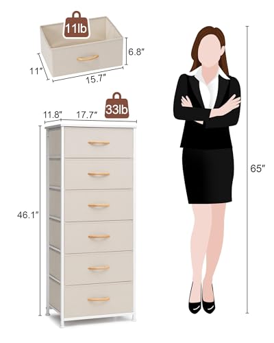 Tall 6-Drawer Fabric Dresser Tower for Closet, Vertical Storage, Beige | Sturdy Steel Frame, Wood Top and Easy Pull Fabric Bins Handles - Organizer Unit for Bedroom, Hallway, Entryway