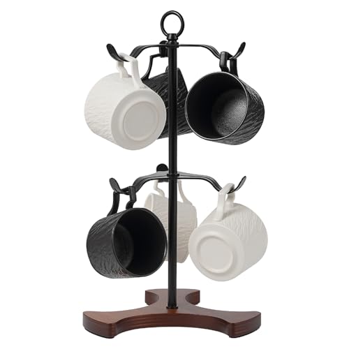 Coffee Mug Tree,Solid Wood Base Y Shape 6 Iron Hoo... (Black | Iron, Wood)