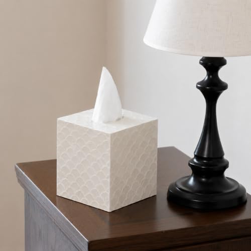 5.9" Capiz Shell Tissue Box Cover for Kleenex and More, Square Decorative Holder with Bottom Slider, Handmade Bathroom Accessory Coastal Décor (Natural)