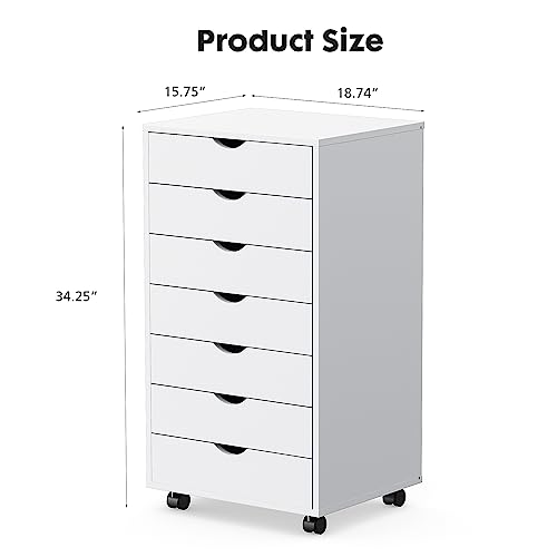 OLIXIS 7 Drawer File Cabinet on Wheels, Printer Stand | Fits Under Desks, Wood Storage Organization Holds Printer, Office Supplies, Not For Hanging Files, For Home Office Use White