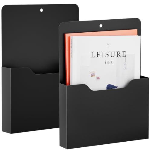 Marbrasse 2 Pack Magnetic File Holder - Paper Holder, Pocket Organizer,Hanging Wall File Organizer Office Supplies Storage, Magazine Mail Organizer Case for Notebooks,Planners,Letter (Black)