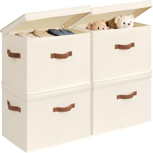 4-Pack Large Fabric Storage Bins with Lids for She... (4 Count | Ivory | Polycotton)