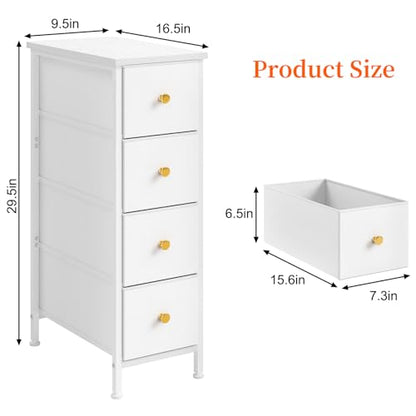 Fixwal Narrow Storage Cabinet, Small Dresser with 4 Drawers, Slim Fabric Nightstand for Small Spaces, White Dresser for Bathroom, Dorm, Bedroom, Laundry, Closet