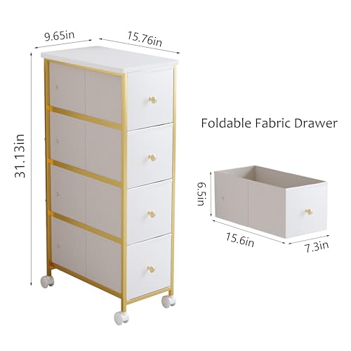 Narrow Storage Cabinet, Narrow Nightstand Dresser with 4 Drawers, Slim Fabric Dresser Storage Tower for Small Spaces, Gold Dresser for Bedroom, Bathroom, Laundry, Closet