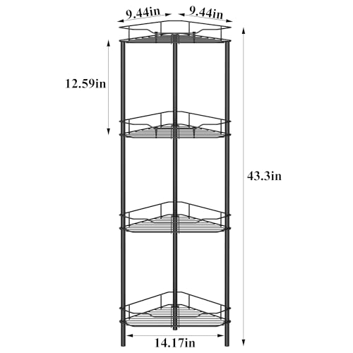 4 Tier Floor Standing Corner Shower Caddy Organizer Shelf with Hooks, Bathroom Shelves Stand Rack, Black | Adhesive Bathroom Organizer Shelves, Free Standing Shower Rack with Hooks, Hold Large Shampoo Bottles