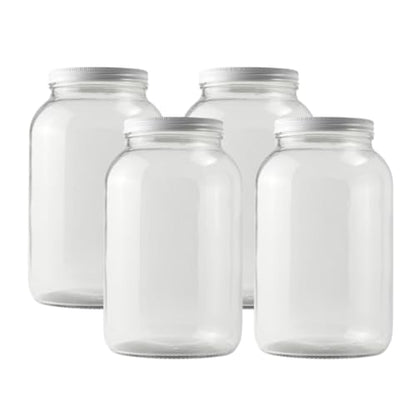 4-Pack 1 Gallon Glass Jar with Lid | Wide Mouth Set with White Metal Caps