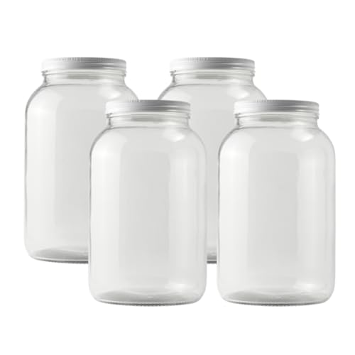 4-Pack 1 Gallon Glass Jar with Lid | Wide Mouth Set with White Metal Caps