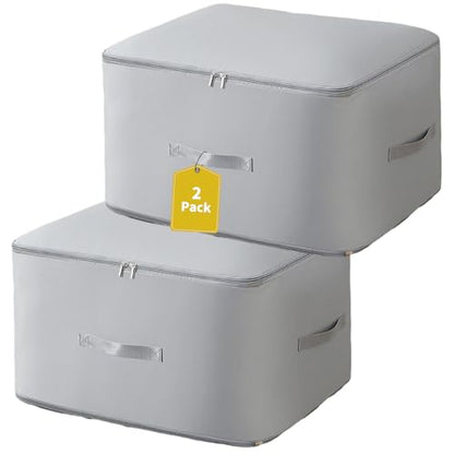 Large Self-Compression Cube for Comforters & Clothes (2-Pack, 11x6.3x1.2in) | nylon,grey,thin compress,1-hand fold,holds 2 comforters,reinforced seam,smooth zip,dust/moisture proof,side handle,wipe-clean