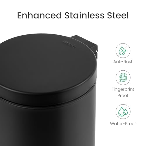 Cesun Small Round Bathroom Trash Can with Lid Soft Close, 1.2 Gal, Black | Removable Inner Bucket, Stainless Steel Garbage Can for Bedroom/Office, Hands-Free Step Pedal, Fingerprint-Resistant