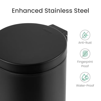 Cesun Small Round Bathroom Trash Can with Lid Soft Close, 1.2 Gal, Black | Removable Inner Bucket, Stainless Steel Garbage Can for Bedroom/Office, Hands-Free Step Pedal, Fingerprint-Resistant