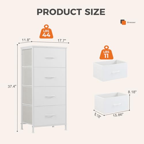 4 Drawer Dresser for Bedroom, Anti-Tip Tall Fabric Dresser | Storage Cabinet with Wood Top Steel Frame, Chest of Drawers Organizer for Closet, Office, Entryway, White