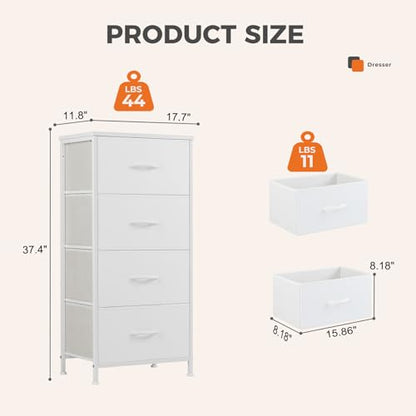 4 Drawer Dresser for Bedroom, Anti-Tip Tall Fabric Dresser | Storage Cabinet with Wood Top Steel Frame, Chest of Drawers Organizer for Closet, Office, Entryway, White